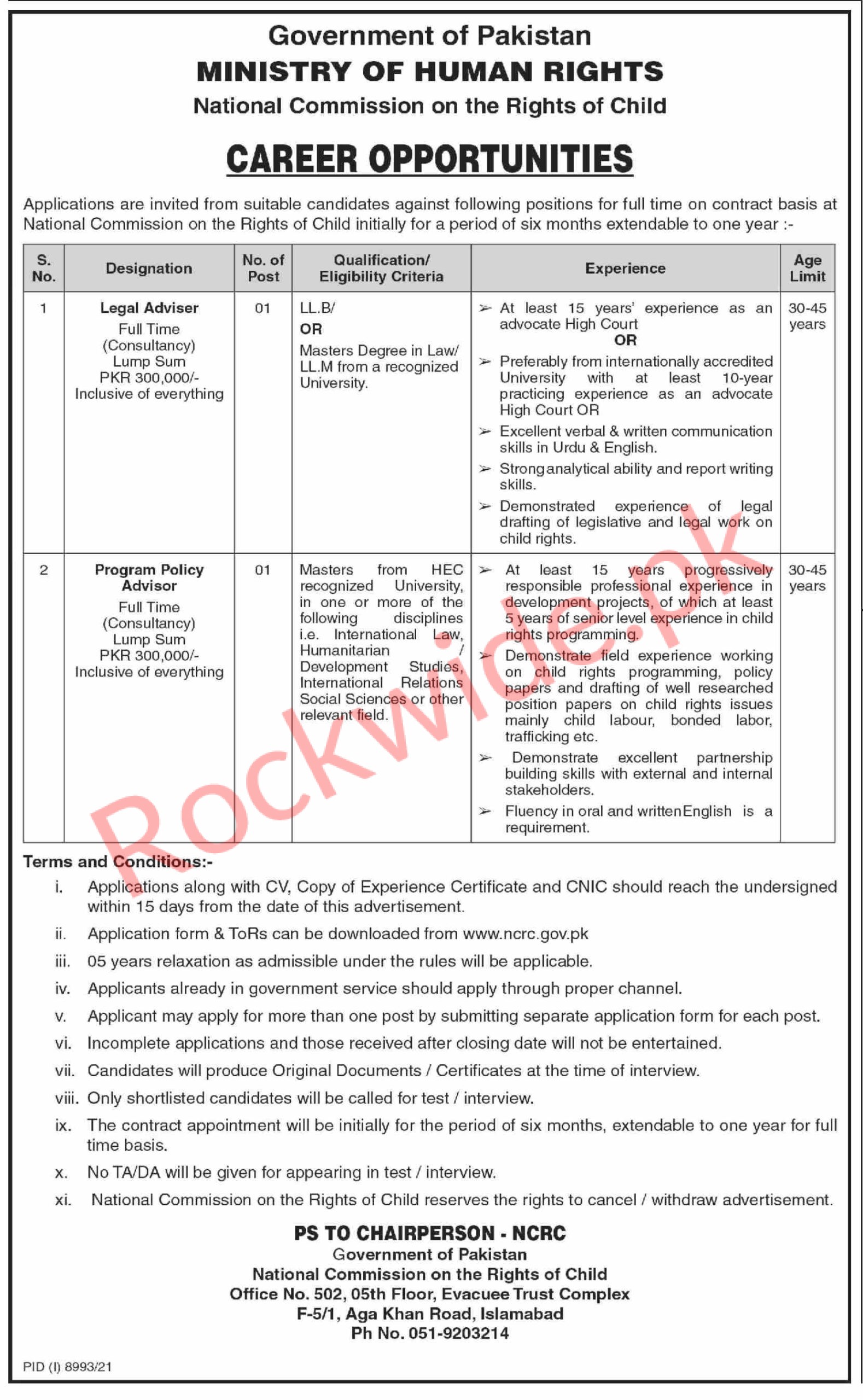 Government of Pakistan Ministry of Human Rights Vacancies in Islamabad